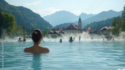 Tourist enjoying summer vacation bathing in hot springs in bohinj lake, slovenia