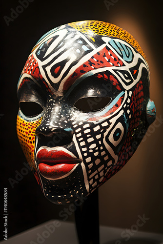 Vibrant hand-painted tribal mask with intricate patterns, symbolizing culture, tradition, art, and heritage. Ideal for themes of African art, creativity, and cultural expression photo