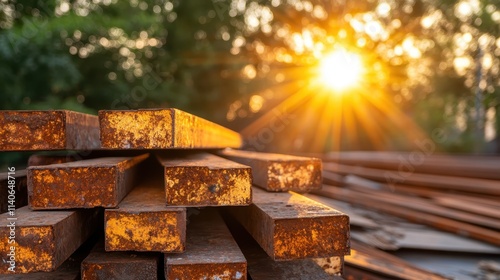 A stack of rusted metal bars lies outdoors, bathed in morning sunlight, capturing the contrast of nature reclaiming man-made structures in an industrial environment. photo