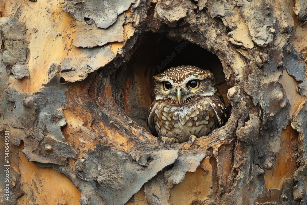 Spotted owlet resting in tree hollow: wildlife portrait Spotted owlet resting in tree hollow: wildlife portrait