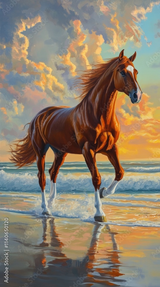 Fototapeta premium Chestnut horse galloping on a beach at sunset