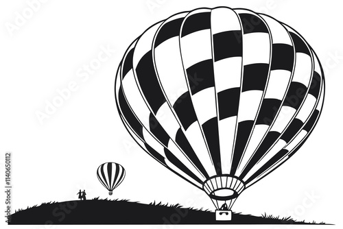 A large, simple hot air balloon with bold patterns. Black Color and white Background