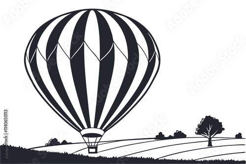 A large, simple hot air balloon with bold patterns. Black Color and white Background