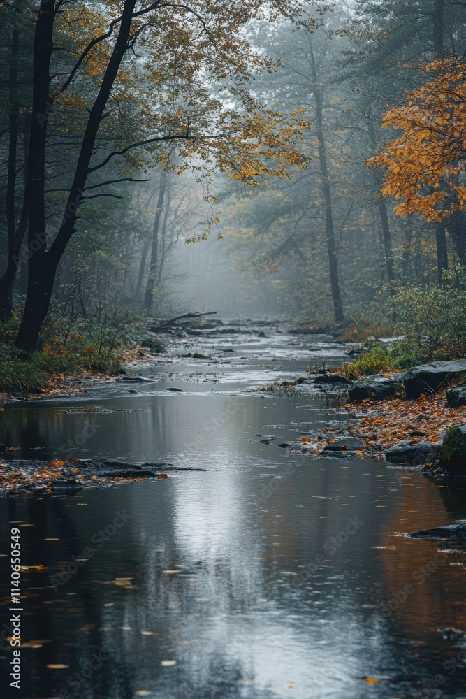 A serene landscape capturing the tranquil essence of a misty forest stream surrounded by lush autumn foliage and reflected in the still waters A serene landscape capturing the tranquil essence of a misty forest stream surrounded by lush autumn foliage and reflected in the still waters