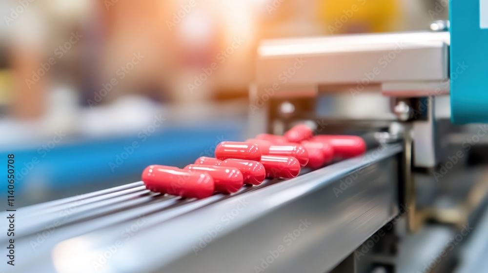 A vibrant scene of bright red capsules traveling across advanced production machinery, highlighting the sophistication and efficiency of pharmaceutical manufacturing systems. A vibrant scene of bright red capsules traveling across advanced production machinery, highlighting the sophistication and efficiency of pharmaceutical manufacturing systems.