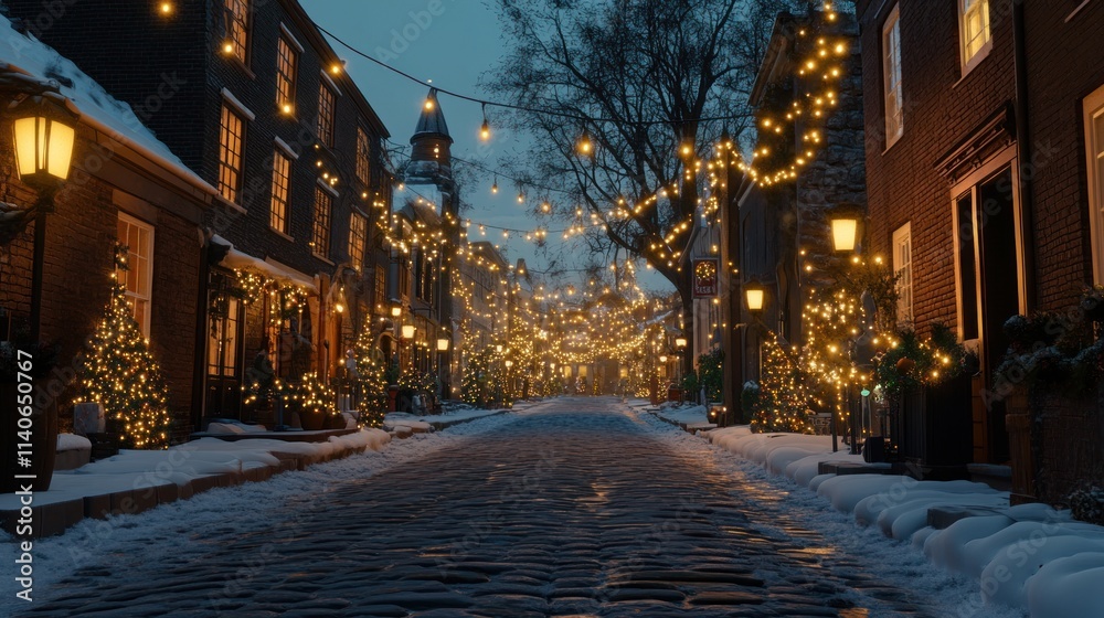 Snowy cobblestone street at night with Christmas lights. Snowy cobblestone street at night with Christmas lights.
