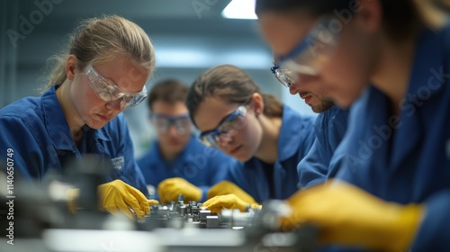 Four people working on manufacturing equipment in a factory