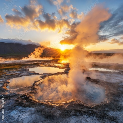 Misty Iceland with active geysers