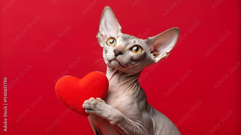 Cute sfinx cat holding a red heart , isolated on red background Cute sfinx cat holding a red heart , isolated on red background