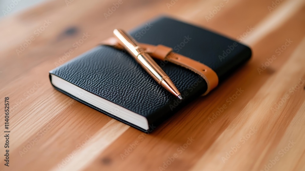 A black leather journal secured with a brown strap on a wooden surface, accompanied by a pen, signifying professionalism, maturity, and the art of writing and planning. A black leather journal secured with a brown strap on a wooden surface, accompanied by a pen, signifying professionalism, maturity, and the art of writing and planning.