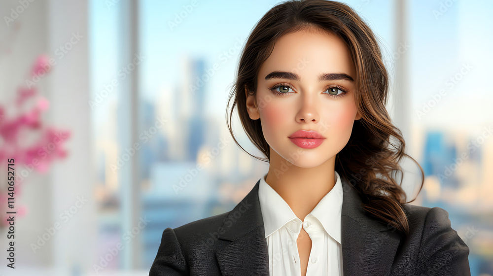 A confident female professional poses in a modern office setting with a city skyline backdrop, exuding elegance and determination. A confident female professional poses in a modern office setting with a city skyline backdrop, exuding elegance and determination.