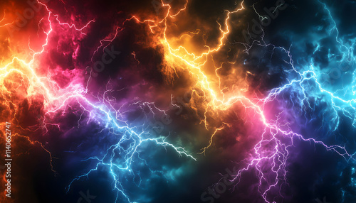 Vibrant illustration of a thunderstorm with multicolored lightning strikes