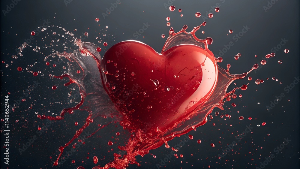 Red heart with splash of liquid with splashing drops, isolated on dark black gray background Red heart with splash of liquid with splashing drops, isolated on dark black gray background