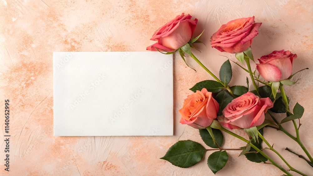Obraz premium Roses and white empty rectangular paper note frame on peach fuzz table texture background