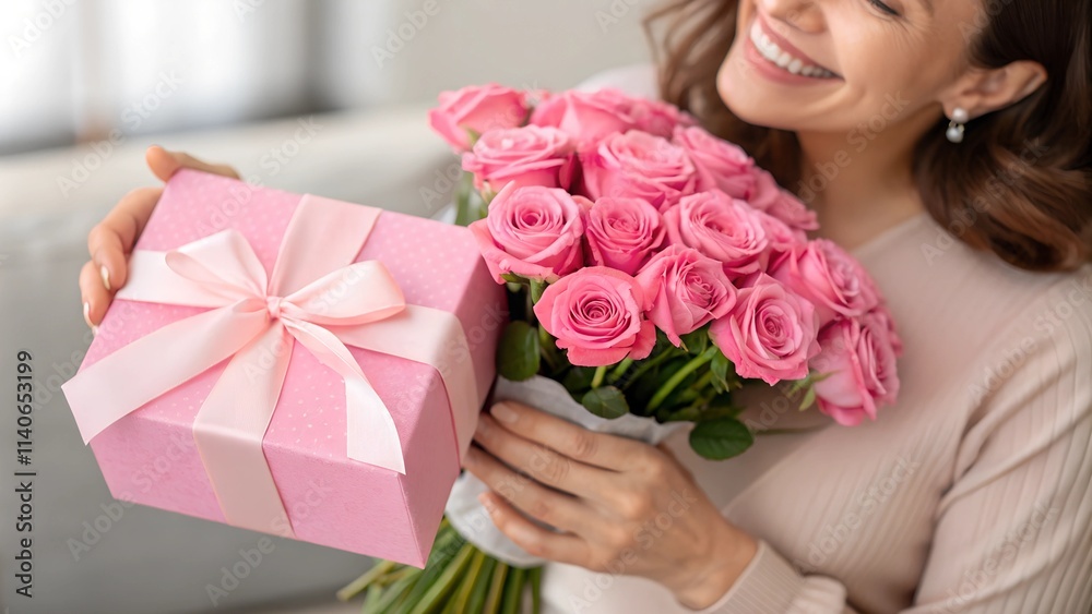 Valentine's Day concept - Woman holding a present gift box with pink bunch bouquet of roses flowers in her hands Valentine's Day concept - Woman holding a present gift box with pink bunch bouquet of roses flowers in her hands