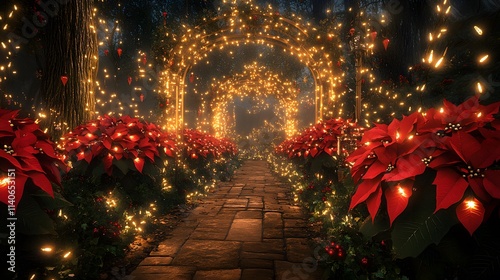 A festive holiday garden filled with glowing poinsettias and lush green garlands, twinkling fairy lights adding festive warmth, golden lighting creating a magical ambiance, serene evening setting,