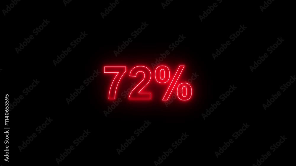 Glowing neon number counting from 0 to 100 percentage animation on black background. 100% neon countdown.