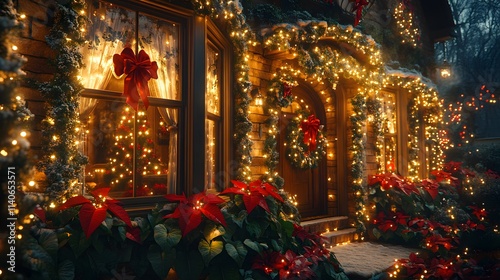 A festive holiday house illuminated by golden fairy lights, lush green garlands with red bows adorning the windows, poinsettias adding pops of color,