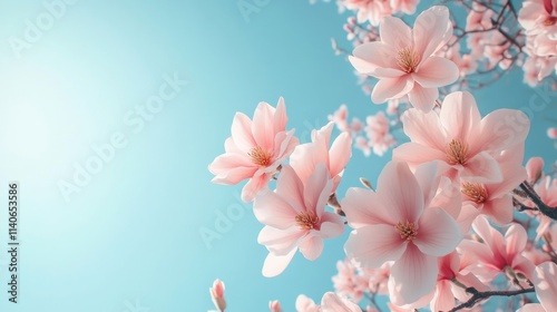 Pink magnolia flowers against clear blue sky, vibrant spring blossom, wide banner, Generative AI