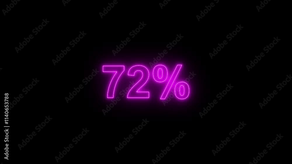 Glowing neon number counting from 0 to 100 percentage animation on black background. 100% neon countdown.