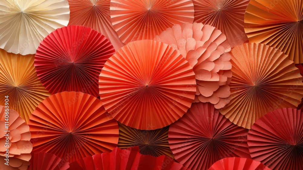 Naklejka premium A collection of red and gold paper fans arranged in a circular design.