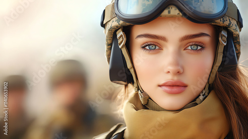 A portrait of a young woman in military gear, showcasing strength and determination, with a focused expression and striking features. photo