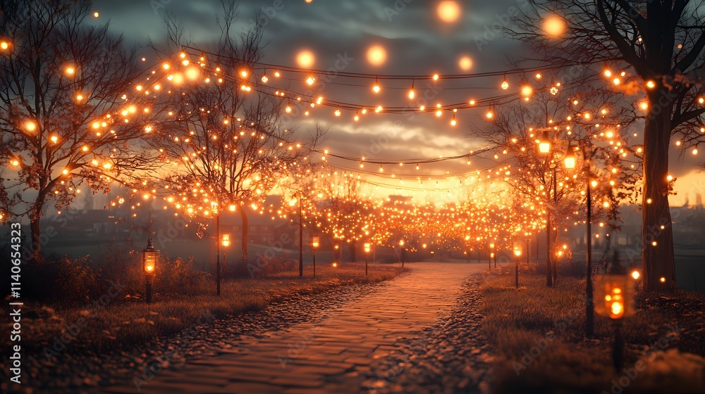 A festive holiday setting with glowing decorations and vibrant garlands, the tranquil evening sky as a serene backdrop, warm golden lighting filling the scene, photorealistic, hd quality, A festive holiday setting with glowing decorations and vibrant garlands, the tranquil evening sky as a serene backdrop, warm golden lighting filling the scene, photorealistic, hd quality,
