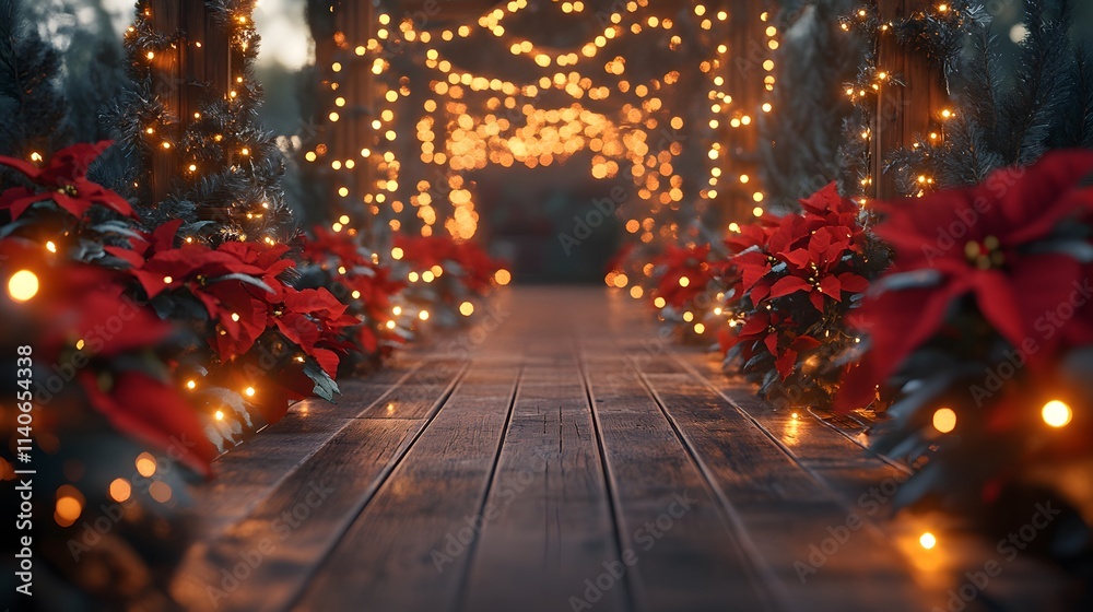 A festive holiday walkway glowing softly with golden ground lights, lush garlands and poinsettias creating a vibrant frame, wooden planks reflecting the holiday glow, tranquil evening atmosphere, A festive holiday walkway glowing softly with golden ground lights, lush garlands and poinsettias creating a vibrant frame, wooden planks reflecting the holiday glow, tranquil evening atmosphere,