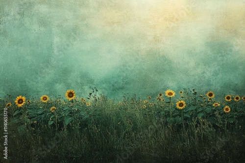 sunflowers in a green field, grainy texture design, Generative AI