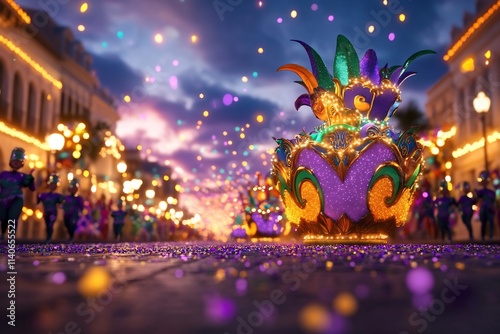 Colorful Carnival Parade with Festive Costumes and Fireworks in Lively City Street