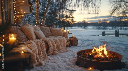 A cozy outdoor bench covered in blankets and pillows near a Christmas firepit.