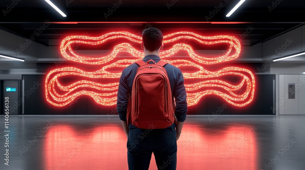 Fototapeta premium A person with a backpack stands in front of a vibrant red light installation in a modern space, creating a striking visual contrast.