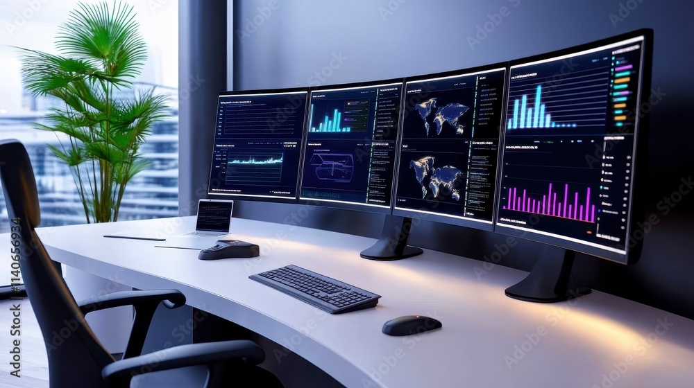 Naklejka premium A modern workspace featuring multiple curved monitors displaying data analytics, with a sleek desk and indoor plant, creating a high-tech atmosphere.