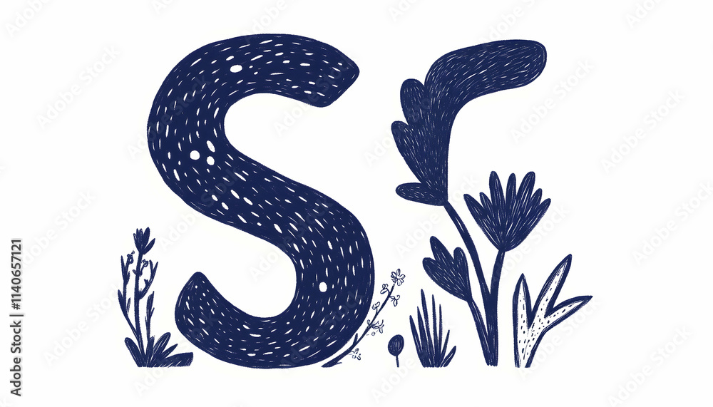 Fototapeta premium Navy Blue Floral Letter S Illustration