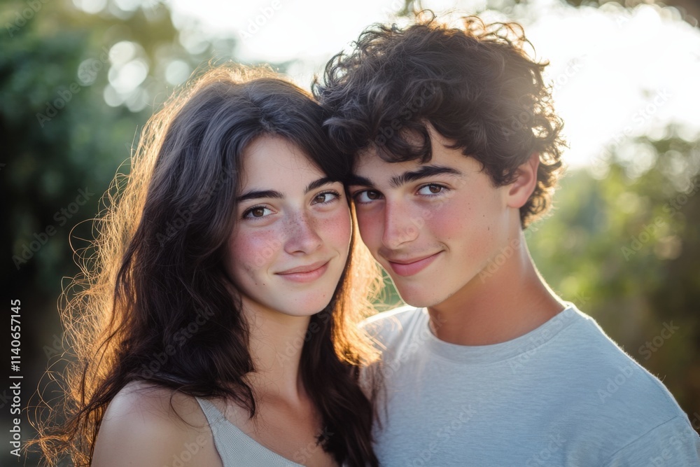 a young couple stands close together outdoors in soft light a young couple stands close together outdoors in soft light