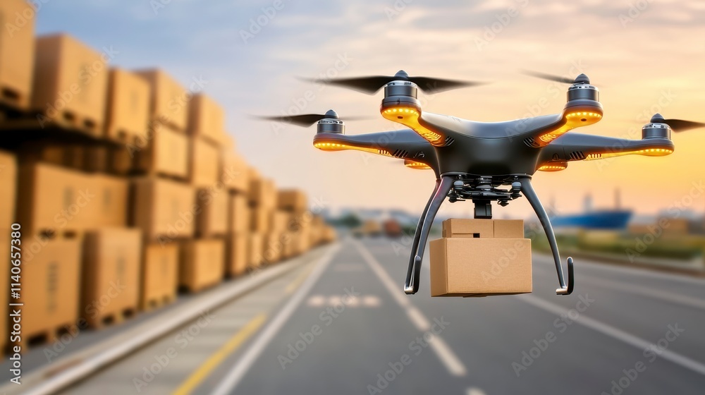 Fototapeta premium A drone carries a package over a road lined with stacked boxes, highlighting advances in delivery technology and logistics.
