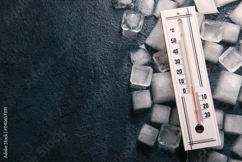 Weather thermometer and ice cubes on dark color background