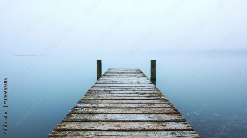 Fototapeta premium Serene Misty Dock Over Calm Waters at Dawn, Inviting Reflection and Tranquility in a Minimalistic Natural Landscape