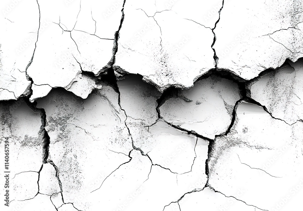 Fototapeta premium Black and white cracked wall texture with cracks isolated on a white background