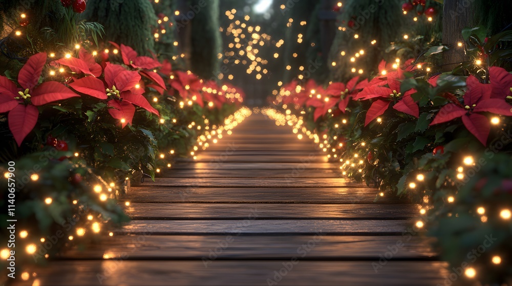 A festive wooden pathway glowing with soft golden ground lights, framed by lush garlands of greenery and vibrant poinsettias, twinkling fairy lights adding warmth, A festive wooden pathway glowing with soft golden ground lights, framed by lush garlands of greenery and vibrant poinsettias, twinkling fairy lights adding warmth,
