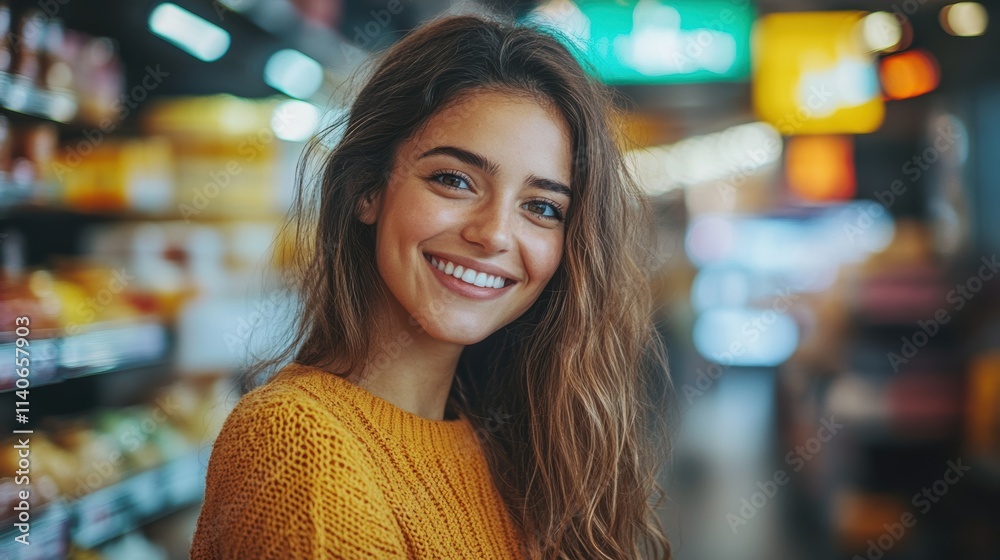 Portrait of a smiling young woman with long hair, wearing a yellow sweater in a vibrant indoor setting with colorful blurred background lights Portrait of a smiling young woman with long hair, wearing a yellow sweater in a vibrant indoor setting with colorful blurred background lights