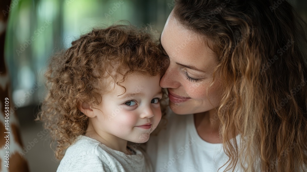 A tender family moment captures a mother gently embracing her curly-haired child, surrounded by warmth and love, illustrating the profound bond they share. A tender family moment captures a mother gently embracing her curly-haired child, surrounded by warmth and love, illustrating the profound bond they share.