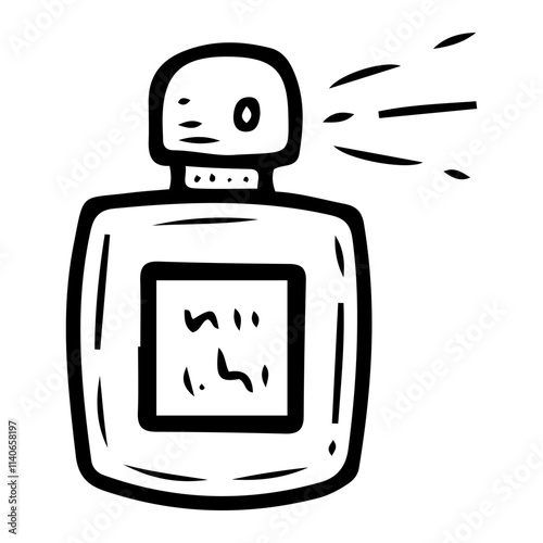 Cologne water hand drawn doodle. Glass bottle of perfume for men. Aromatic spray. Cosmetic water with scent. Vector line art illustration.