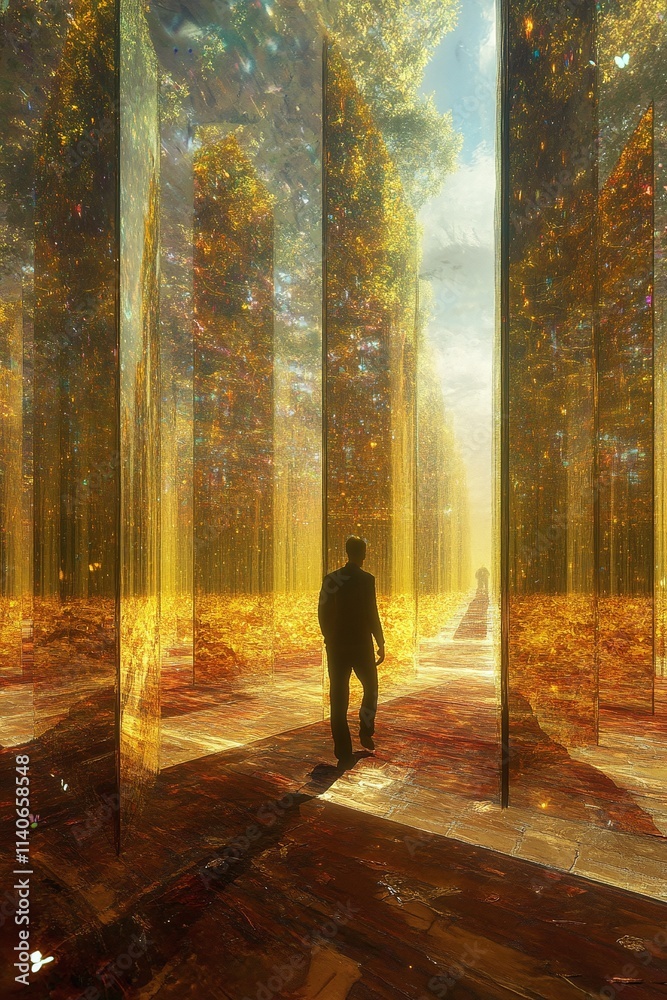 A man walking through a field of mirrors each one reflecting a different path in life. A man walking through a field of mirrors each one reflecting a different path in life.