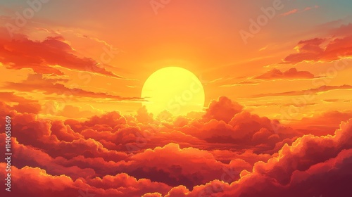 anime sunset with golden clouds, Generative AI