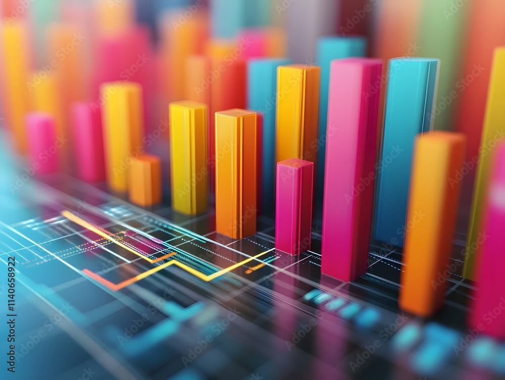 Bar chart with colorful bars rising from a digital graph Bar chart with colorful bars rising from a digital graph