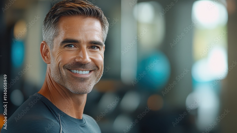 Close-up shot of a 40-year-old mature man in a personal trainer outfit, smiling and looking fit, with a friendly yet professional demeanor Close-up shot of a 40-year-old mature man in a personal trainer outfit, smiling and looking fit, with a friendly yet professional demeanor