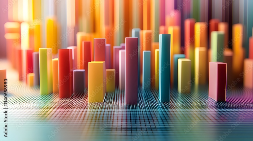 Bar chart with colorful bars rising from a digital graph Bar chart with colorful bars rising from a digital graph