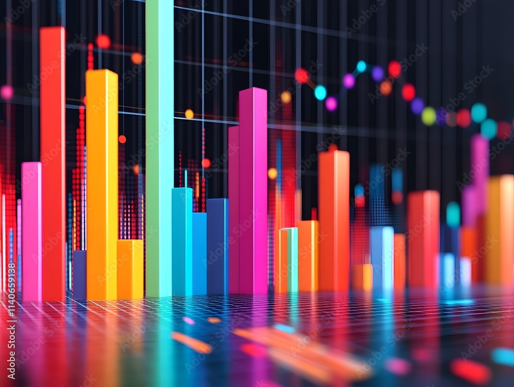 Bar chart with colorful bars rising from a digital graph Bar chart with colorful bars rising from a digital graph