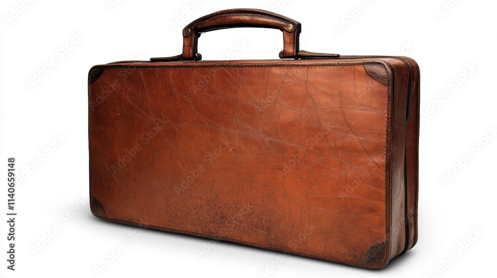 A brown leather suitcase with a gold handle A brown leather suitcase with a gold handle